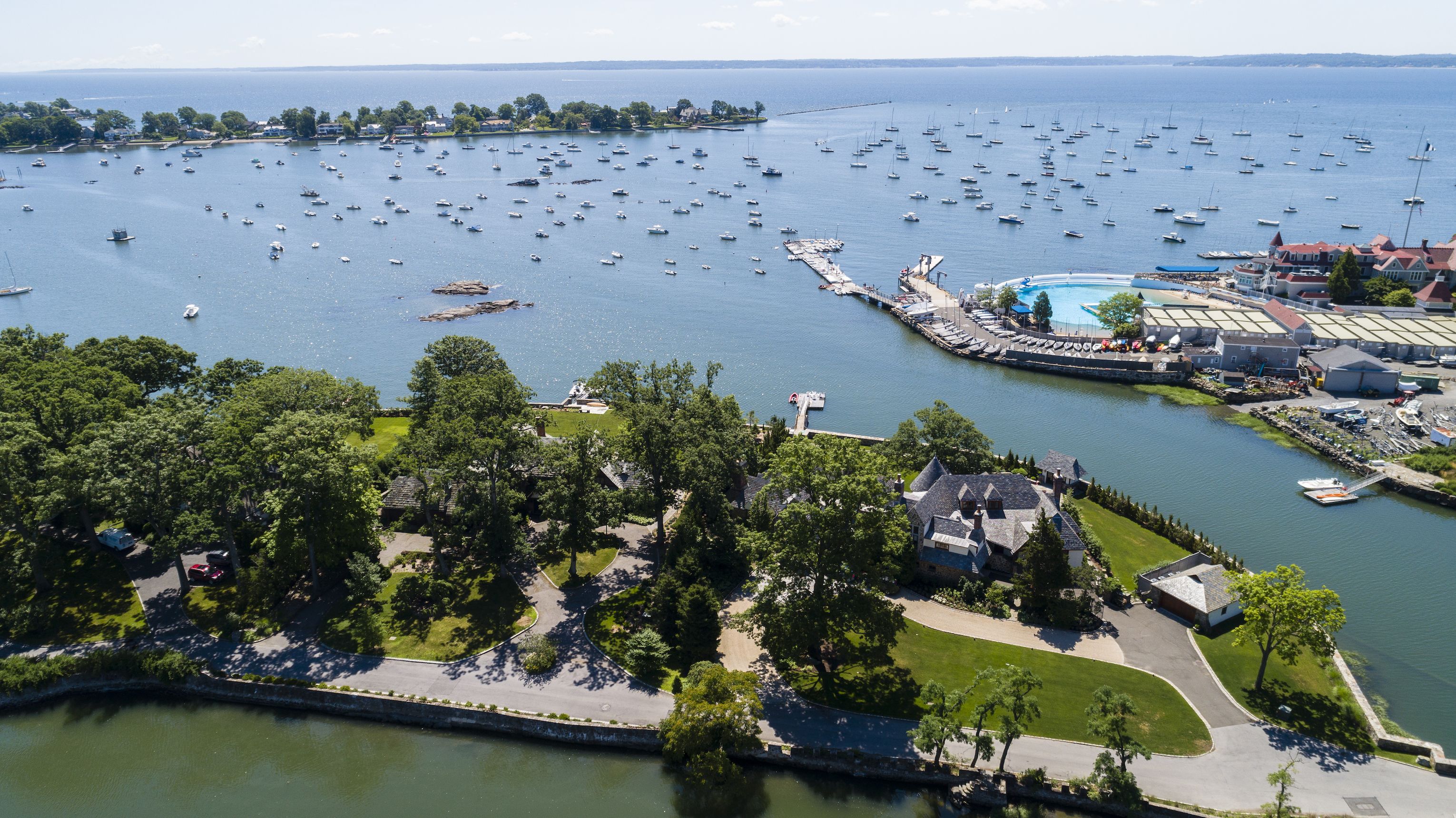 The aerial drone view of the marina in Larchmont, Westchester County, USA