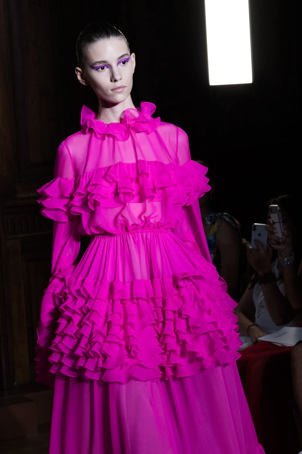 Fashion model, Fashion, Clothing, Pink, Haute couture, Gown, Magenta, Dress, Ruffle, Fashion design, 