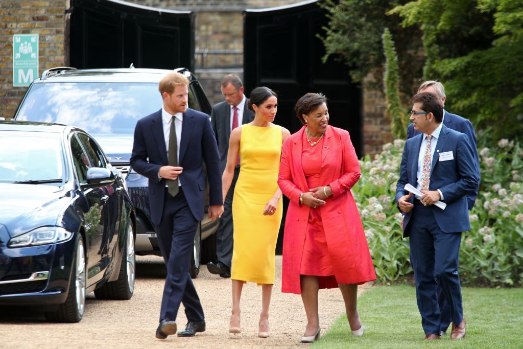 Meghan Markle and Prince Harry Arrive at Your Commonwealth Youth Challenge  Reception - Duchess of Sussex Brandon Maxwell Dress