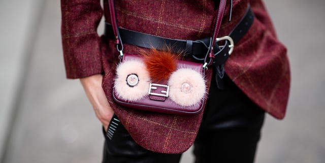 Pink, Red, Fur, Purple, Shoulder, Bag, Street fashion, Joint, Fashion, Leather, 