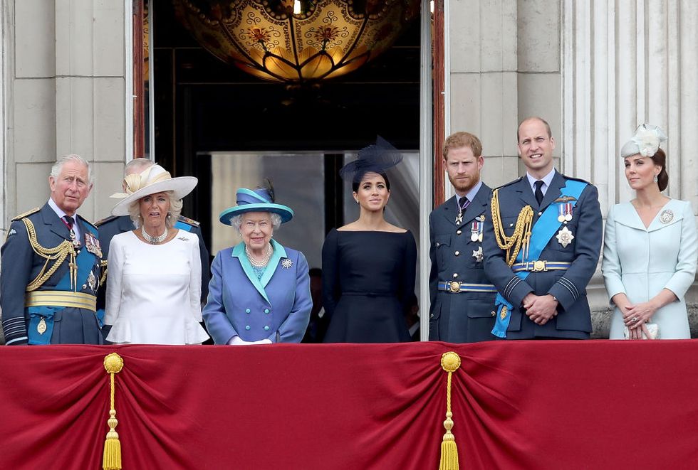 london, england july 10 l r prince charles, prince of wales, camilla, duchess of cornwall, queen elizabeth ii, meghan, duchess of sussex, prince harry, duke of sussex, prince william, duke of cambridge and catherine, duchess of cambridge watch the raf flypast on the balcony of buckingham palace, as members of the royal family attend events to mark the centenary of the raf on july 10, 2018 in london, england photo by chris jacksonchris jacksongetty images