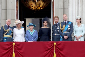 london, england   july 10  l r  prince charles, prince of wales, camilla, duchess of cornwall, queen elizabeth ii, meghan, duchess of sussex, prince harry, duke of sussex, prince william, duke of cambridge and catherine, duchess of cambridge watch the raf flypast on the balcony of buckingham palace, as members of the royal family attend events to mark the centenary of the raf on july 10, 2018 in london, england  photo by chris jacksonchris jacksongetty images