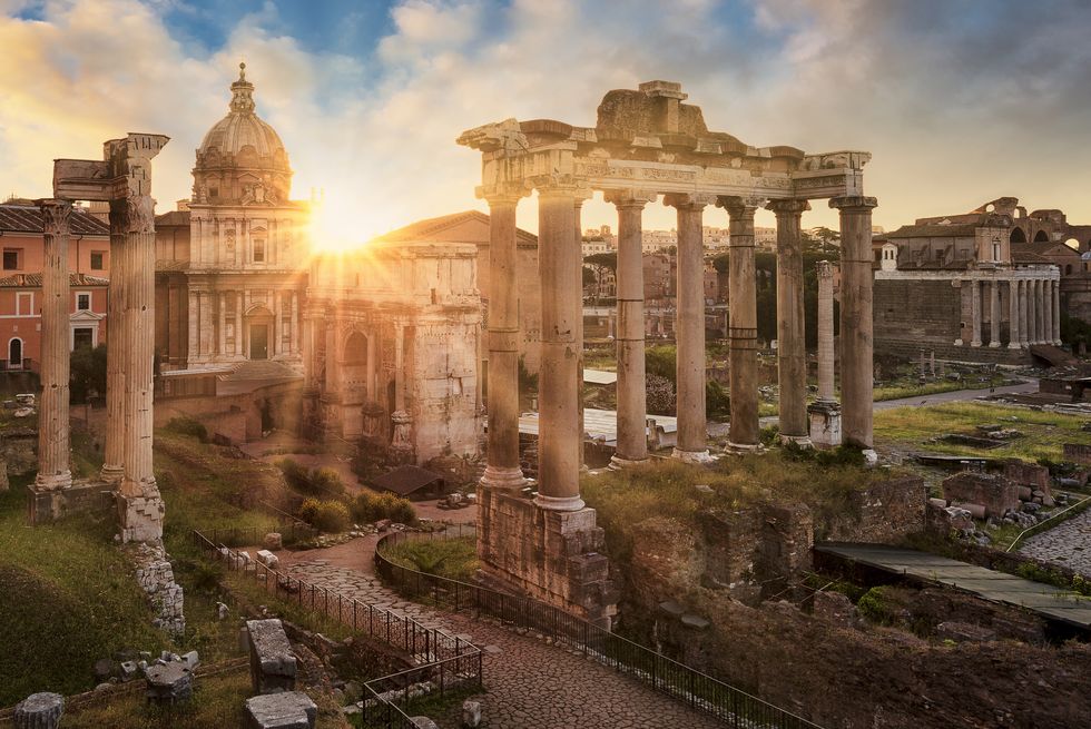 Ancient roman architecture, Ruins, Ancient history, Landmark, Architecture, Sky, Column, Ancient rome, Building, Ancient greek temple, 