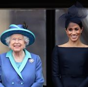 london, england   july 10 queen elizabeth ii and meghan, duchess of sussex watch the raf flypast on the balcony of buckingham palace, as members of the royal family attend events to mark the centenary of the raf on july 10, 2018 in london, england  photo by chris jacksongetty images