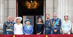 london, england   july 10  l r prince charles, prince of wales, prince andrew, duke of york, camilla, duchess of cornwall, queen elizabeth ii, meghan, duchess of sussex, prince harry, duke of sussex, prince william, duke of cambridge and catherine, duchess of cambridge watch the raf flypast on the balcony of buckingham palace, as members of the royal family attend events to mark the centenary of the raf on july 10, 2018 in london, england  photo by chris jacksongetty images