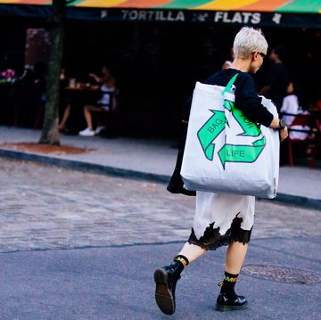 new york, ny   july 09  a guest in a bag for life recycling tote bag during new york fashion week mens springsummer 2019 on july 9, 2018 in new york city  photo by melodie jenggetty images