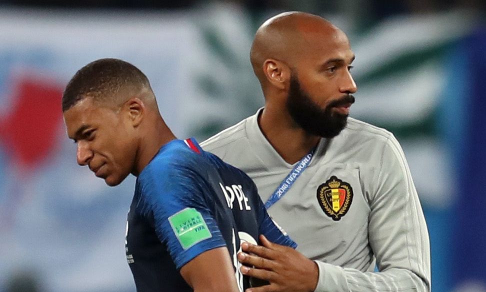 saint petersburg, russia   july 10 assistant coach of belgium thierry henry with kylian mbappe of france after the 2018 fifa world cup russia semi final match between belgium and france at saint petersburg stadium on july 10, 2018 in saint petersburg, russia photo by catherine ivillgetty images