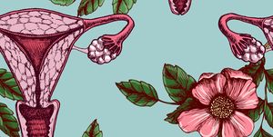 Seamless pattern with women uterus and wild roses. Hand drawn vector unusual texture.