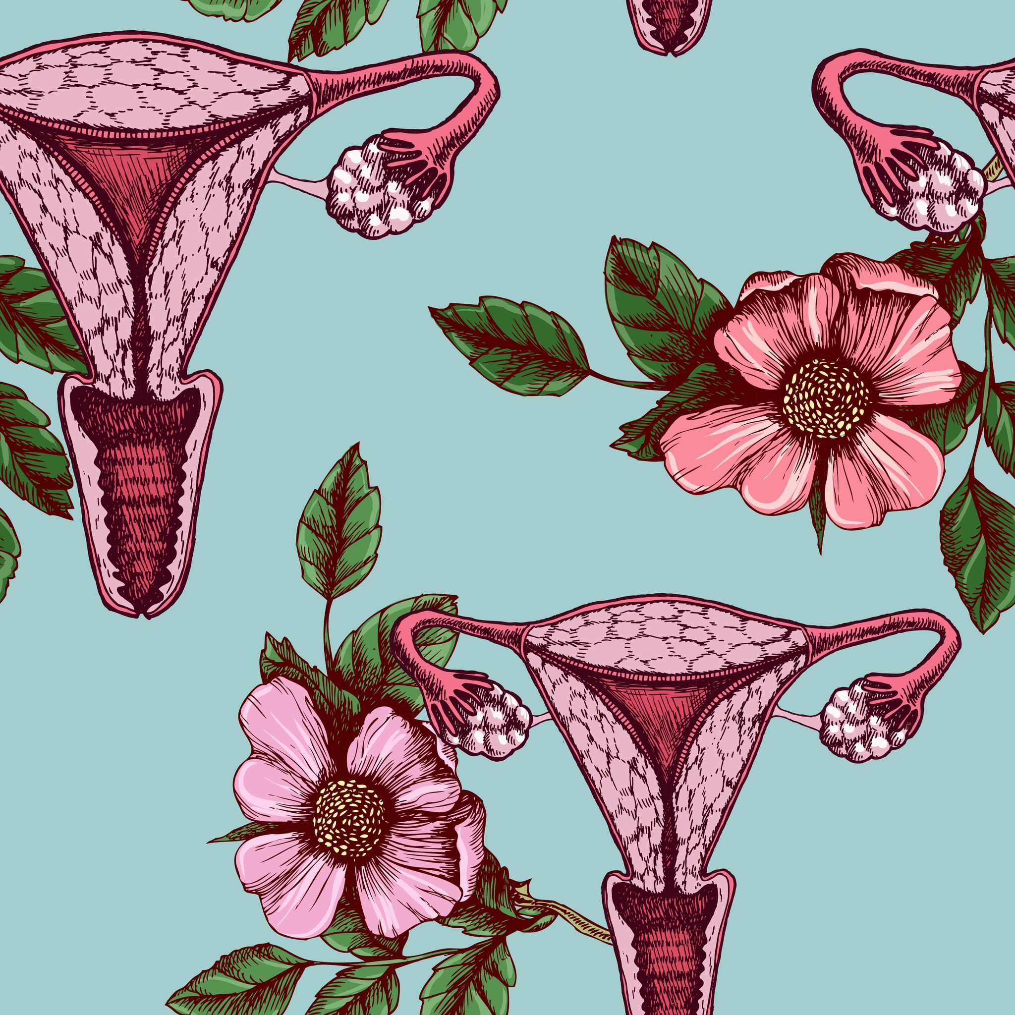Seamless pattern with women uterus and wild roses. Hand drawn vector unusual texture.