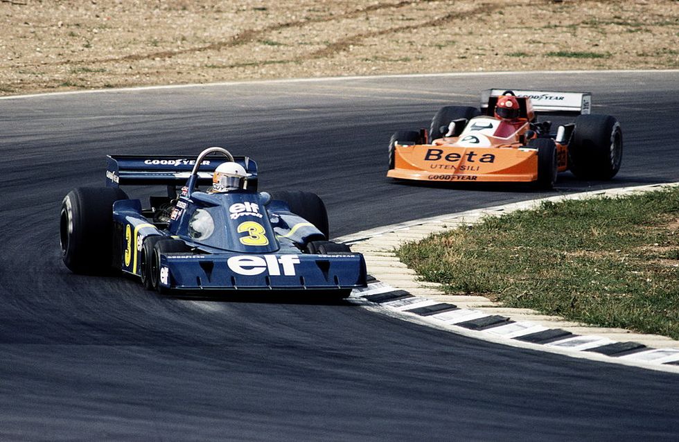 jody scheckter drives 3 elf team tyrrell, tyrrell p34 six wheeler ahead of vittorio brambilla driving the 9 beta team march, march 761 during the british grand prix on 18 july 1976 at the brands hatch circuit in fawkham, great britain photo by getty images