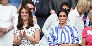 london, england   july 14  catherine, duchess of cambridge and meghan, duchess of sussex attend day twelve of the wimbledon tennis championships at the all england lawn tennis and croquet club on july 14, 2018 in london, england  photo by karwai tangwireimage