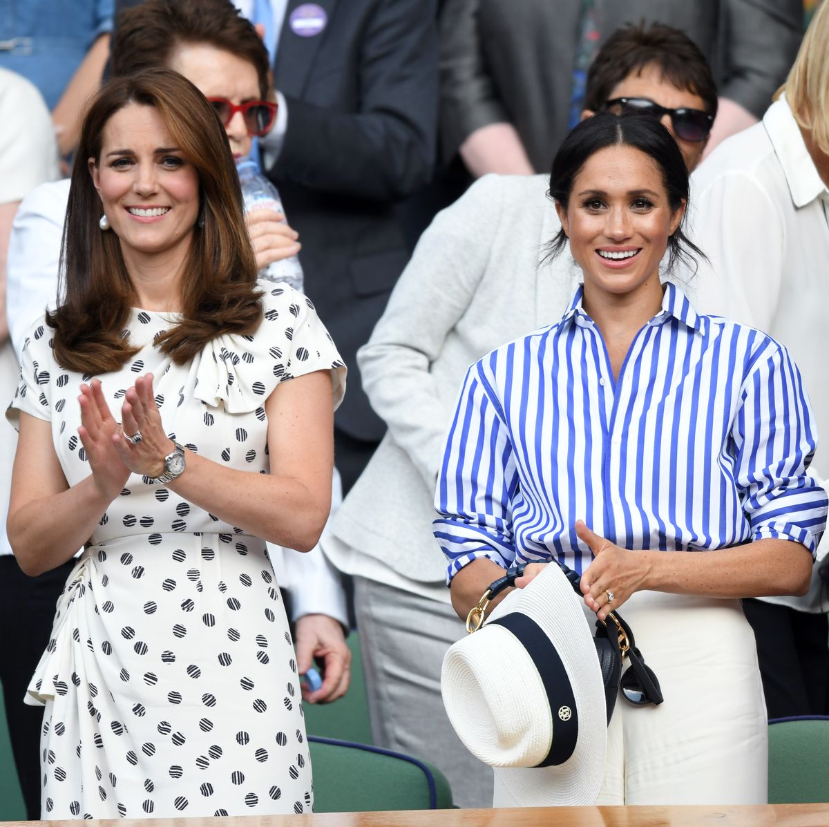 london, england july 14 catherine, duchess of cambridge and meghan, duchess of sussex attend day twelve of the wimbledon tennis championships at the all england lawn tennis and croquet club on july 14, 2018 in london, england photo by karwai tangwireimage