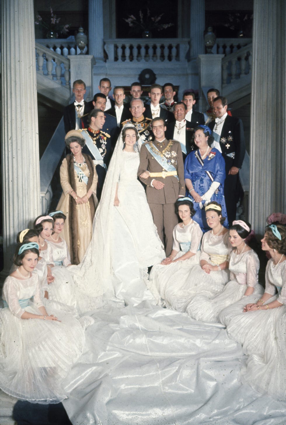 wedding party portrait of don juan carlos of spain and princess sophia athens, greece may 16,