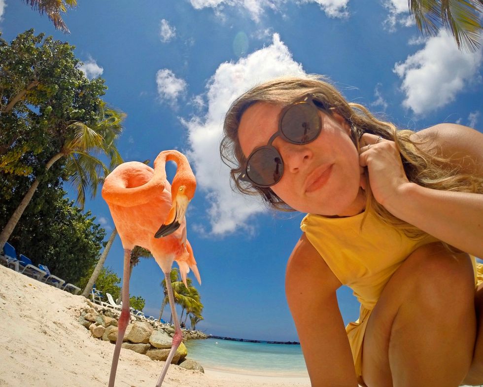 Auteur Veerle Witte maakt een selfie met een flamingo op Renaissance Private Island waar de dieren vrij rondlopen