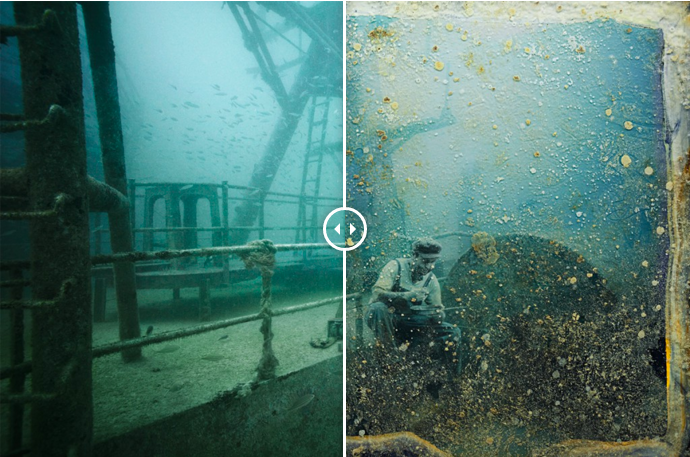Voor en na in het onderwatermuseum te hebben gehangen