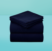 stack of navy flannel sheets on a blue background