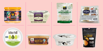 a collage of packaged vegan cheeses selected by good housekeeping