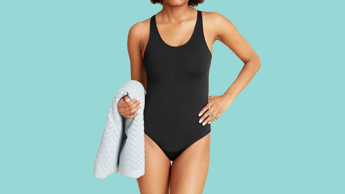 One-piece Swimming Costume for Menstruation Made of Recycled Material,  Absorbent Part for Menstruation, Medium Absorption, Light Flow 