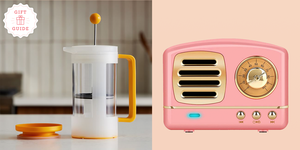 gifts for under $20, cold brew press and pink retro bluetooth speaker