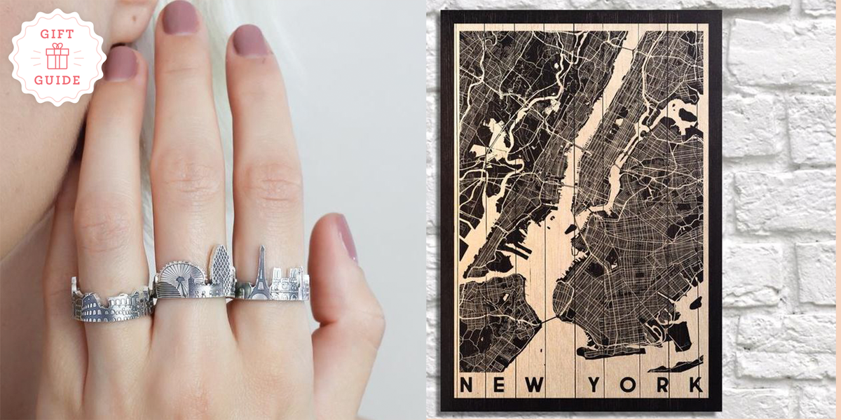 unique etsy gifts, left image of a hand with silver rings, right image of a wooden new york map print