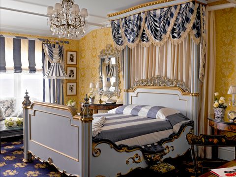 Furniture, Bed, Room, Bedroom, Bed frame, Interior design, Classic, Canopy bed, Wallpaper, Bed sheet, 