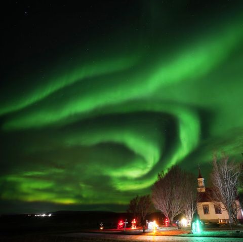 the northern lights over villingaholtskirkja church on the south coast of iceland picture date sunday november 27, 2022 photo by owen humphreyspa images via getty images