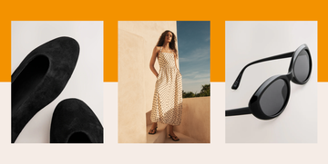 collage of woman in polka halterneck dress with shoes and sunglasses
