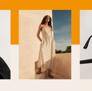 collage of woman in polka halterneck dress with shoes and sunglasses collage of woman in polka halterneck dress with shoes and sunglasses
