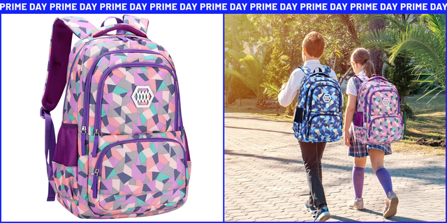 a colorful backpack displayed alongside two children walking outdoors wearing the backpack in two different colorways