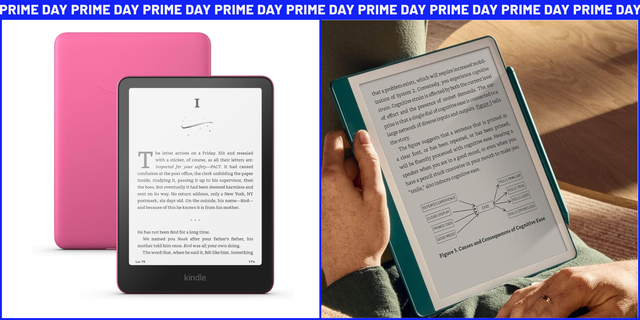 two electronic reading devices with visible screens showing text