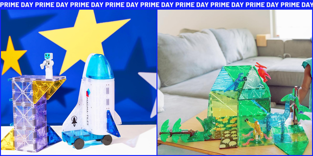 a space set and a dino set of magnatiles sidebyside