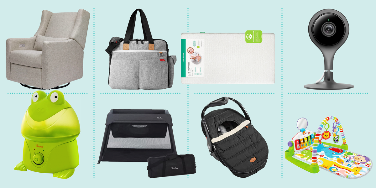 baby registry products, a diaper bag and crib mattress on a blue background