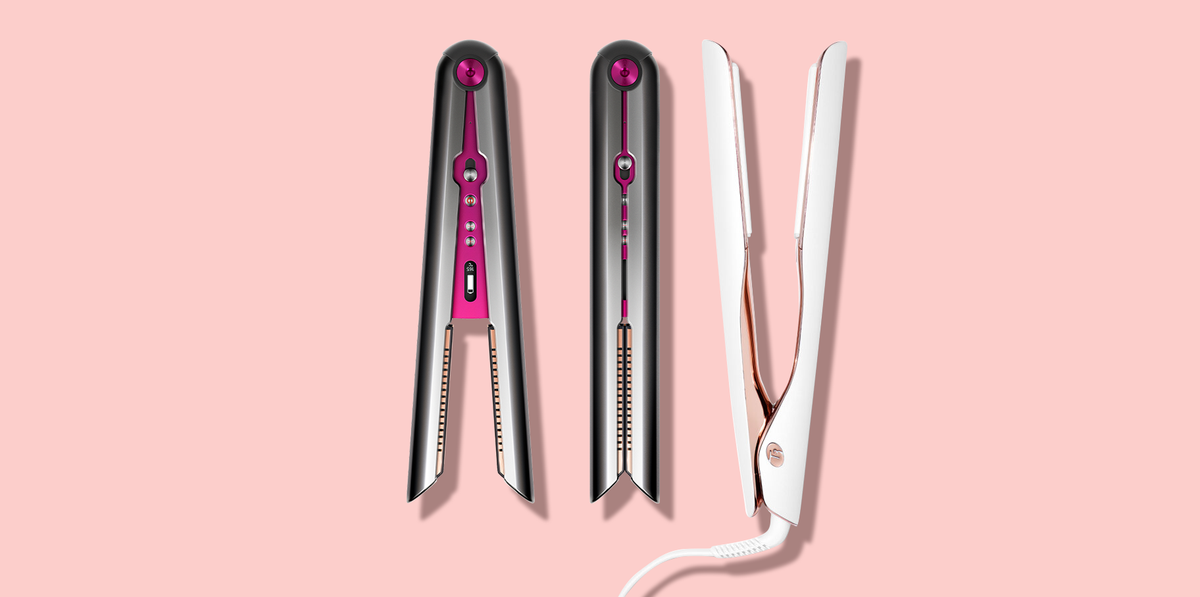 dyson corarale hair straightener and lucea id 1 inchh smart flat iron on light pink background good housekeeping picks for best hair straightener