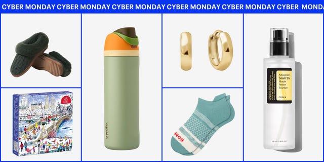 best cyber monday deals 2024, showing dearfoams slippers, a puzzle, owala water bottle, gold hoop earrings, bombas socks and snail mucin facial essence