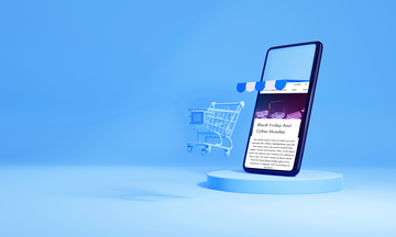 smartphone displaying a black friday sales webpage with a shopping cart illustration