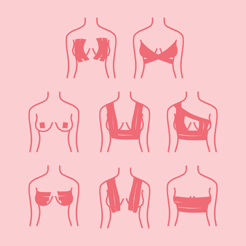 a chart of 8 sketches showcasing different boob tape application methods with a light pink background
