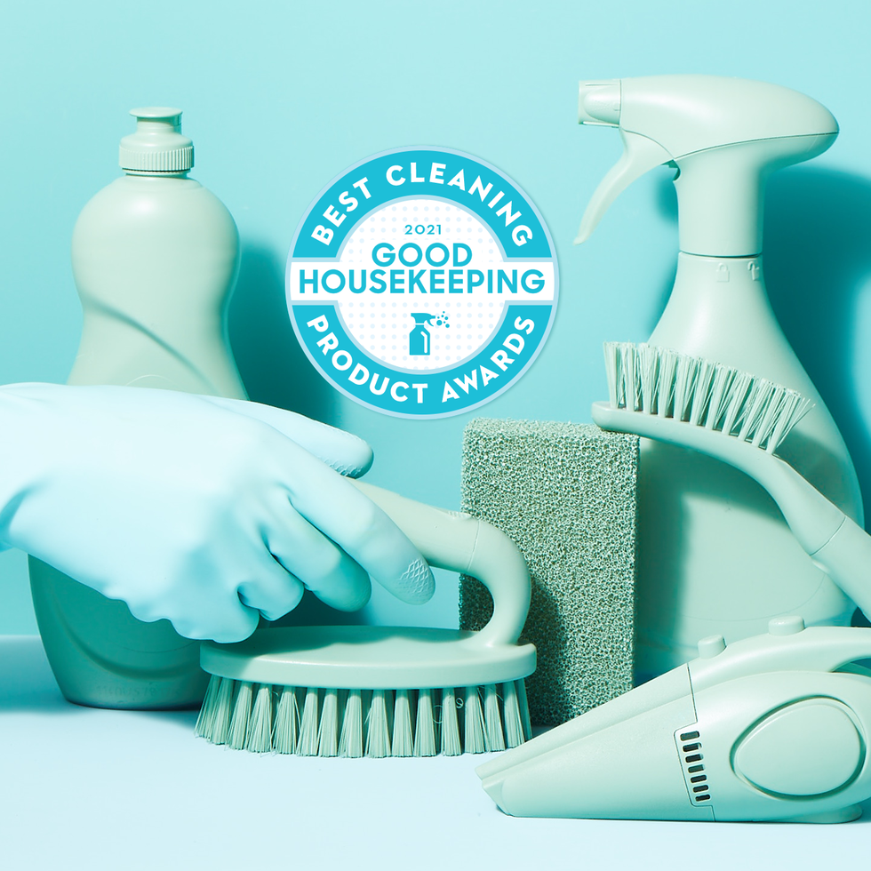 blue cleaning supplies with good housekeeping's cleaning awards logo