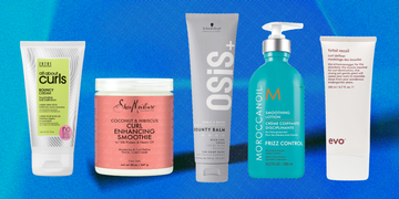five curl creams in one row on a blue background