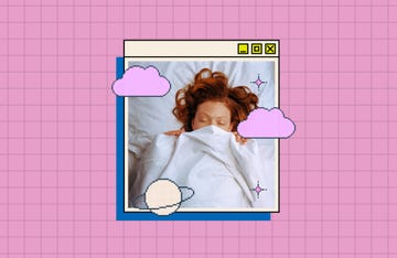 a digital window frame showcasing a person resting under a white blanket with curly hair surrounded by pixelated clouds and a planet illustration