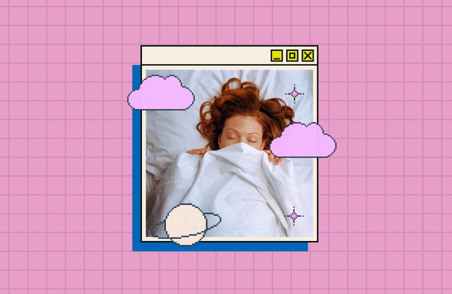 a digital window frame showcasing a person resting under a white blanket with curly hair surrounded by pixelated clouds and a planet illustration