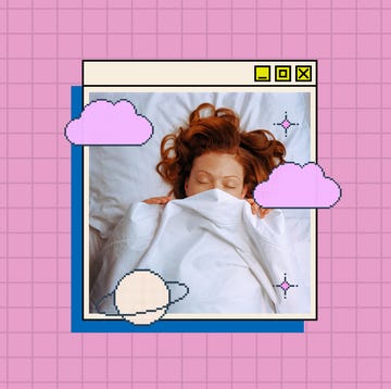 a digital window frame showcasing a person resting under a white blanket with curly hair surrounded by pixelated clouds and a planet illustration a digital window frame showcasing a person resting under a white blanket with curly hair surrounded by pixelated clouds and a planet illustration