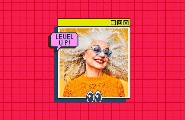 graphic featuring a person with curly hair wearing an orange sweater against a yellow background framed within a computer window