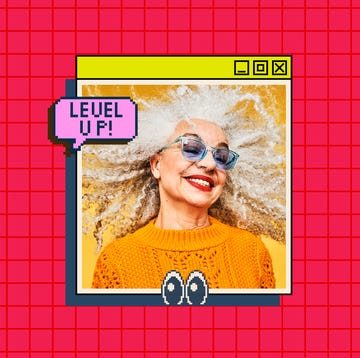 graphic featuring a person with curly hair wearing an orange sweater against a yellow background framed within a computer window graphic featuring a person with curly hair wearing an orange sweater against a yellow background framed within a computer window