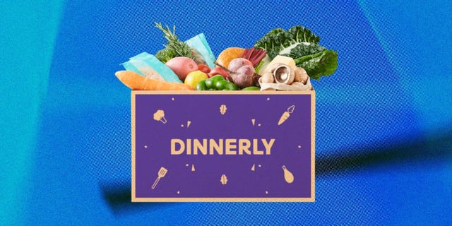 dinnerly box with produce on a blue background