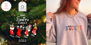 disney gifts, personalized disney ornament on lift and mickey mouse sweatshirt on right