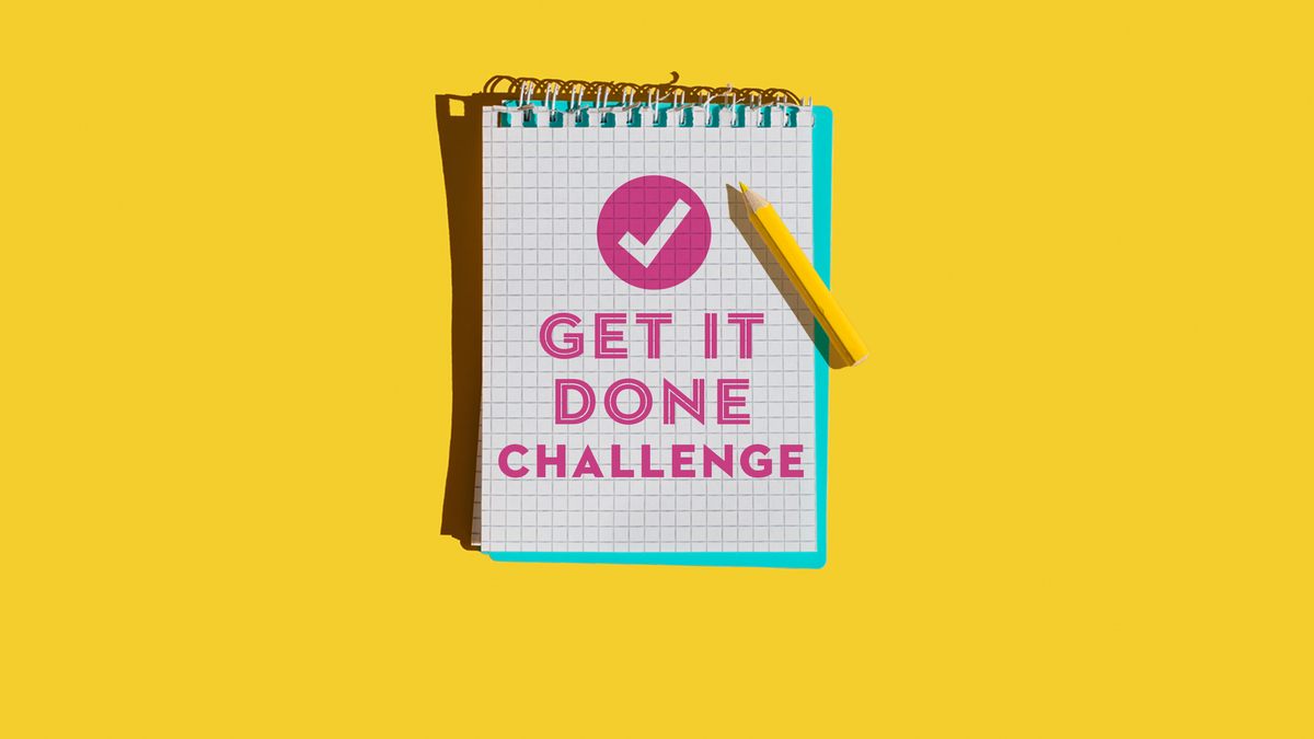 spiral graph paper notebook with yellow pencil on yellow background with text that says get it done challenge