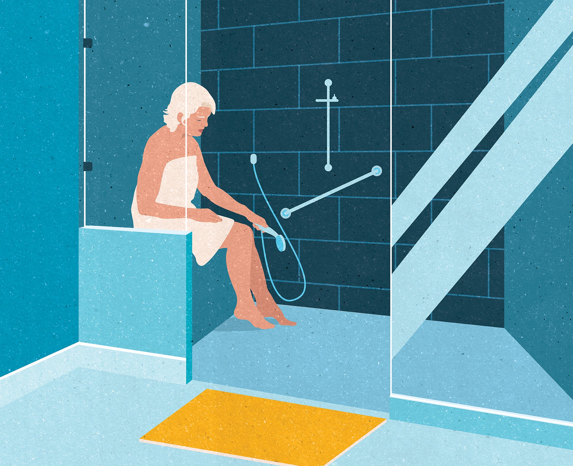 illustrated accessible bathroom shower with seated woman washing up