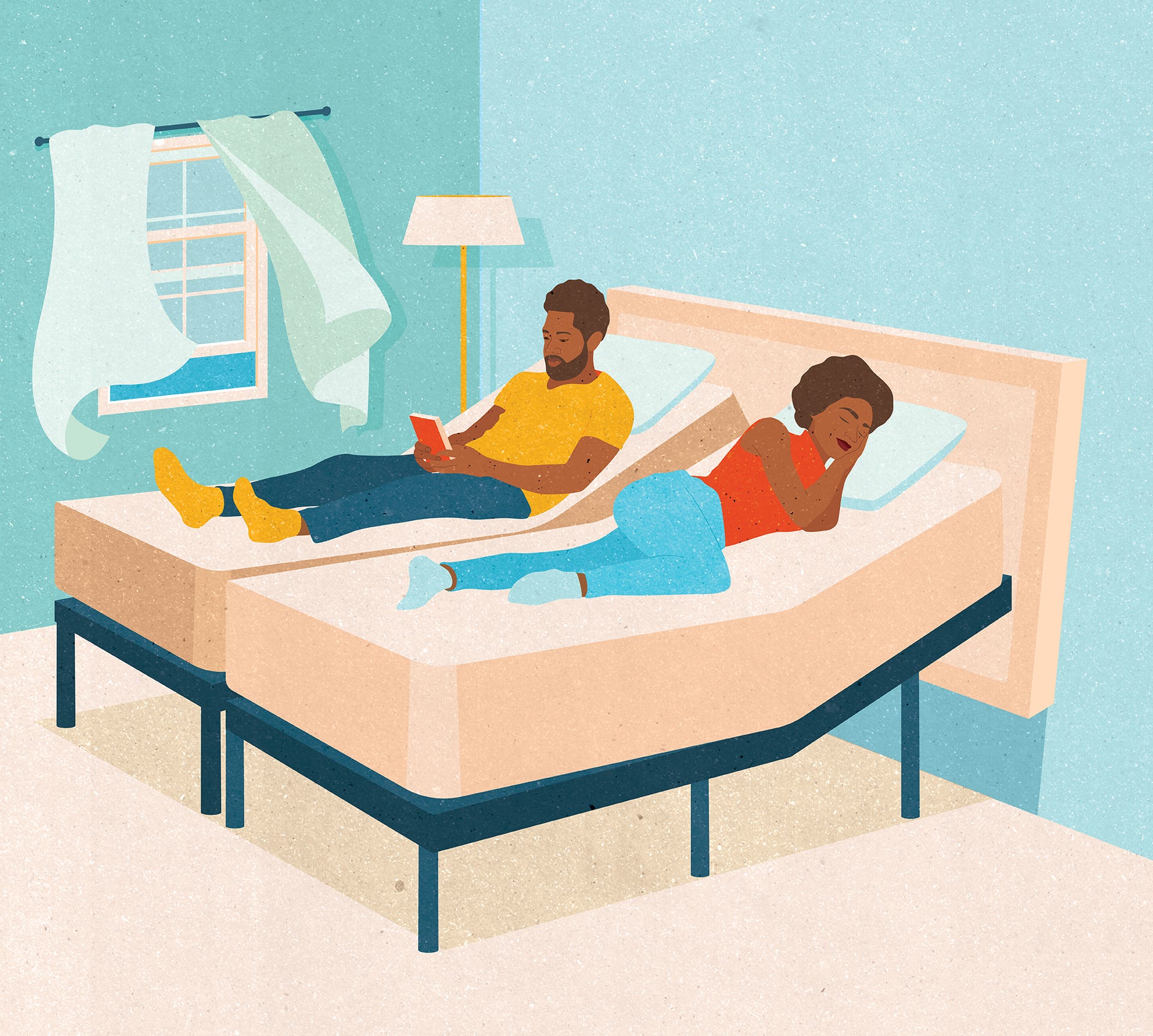 illustrated bedroom with couple sleeping on adjustable bed