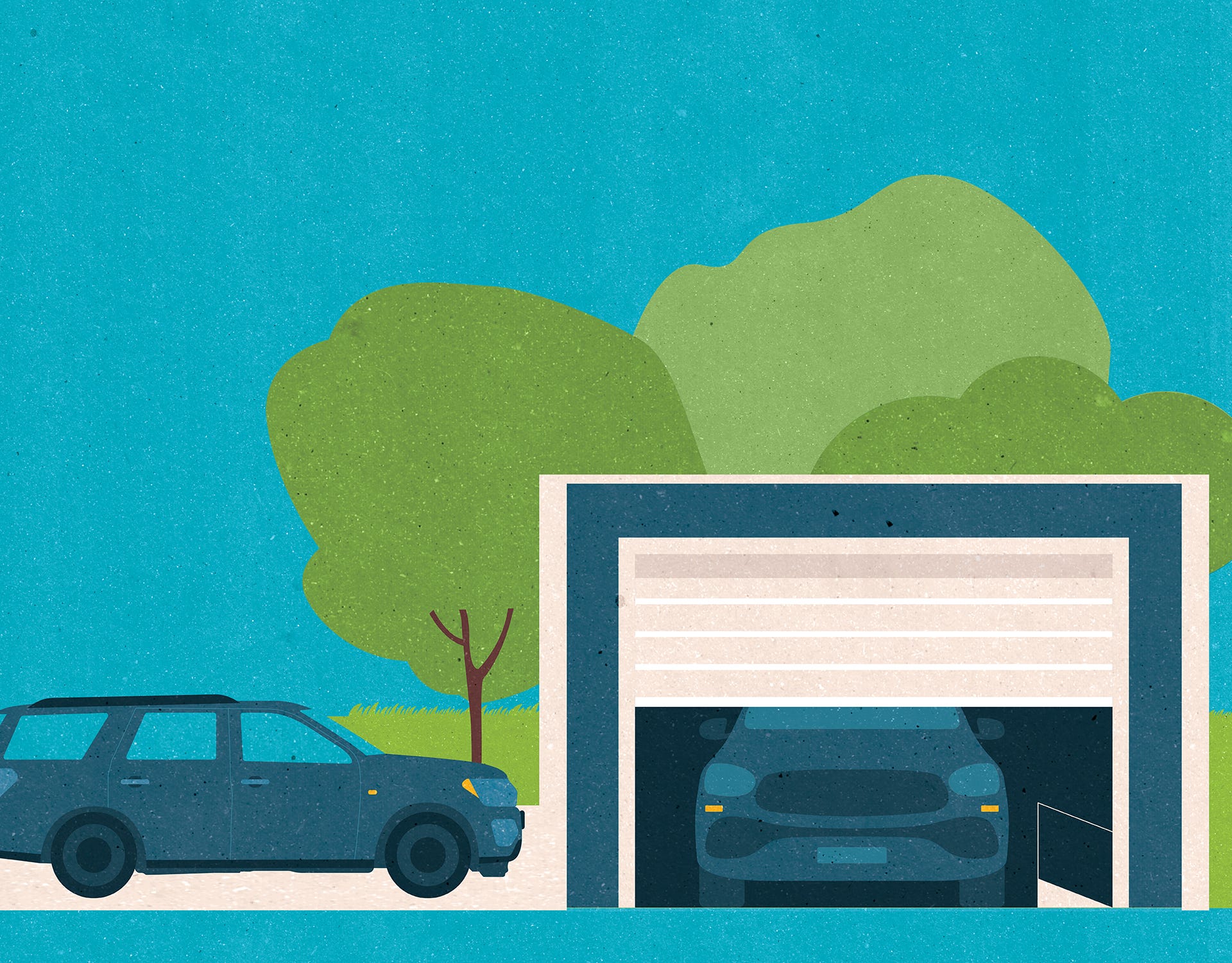illustrated garage with cars in driveway