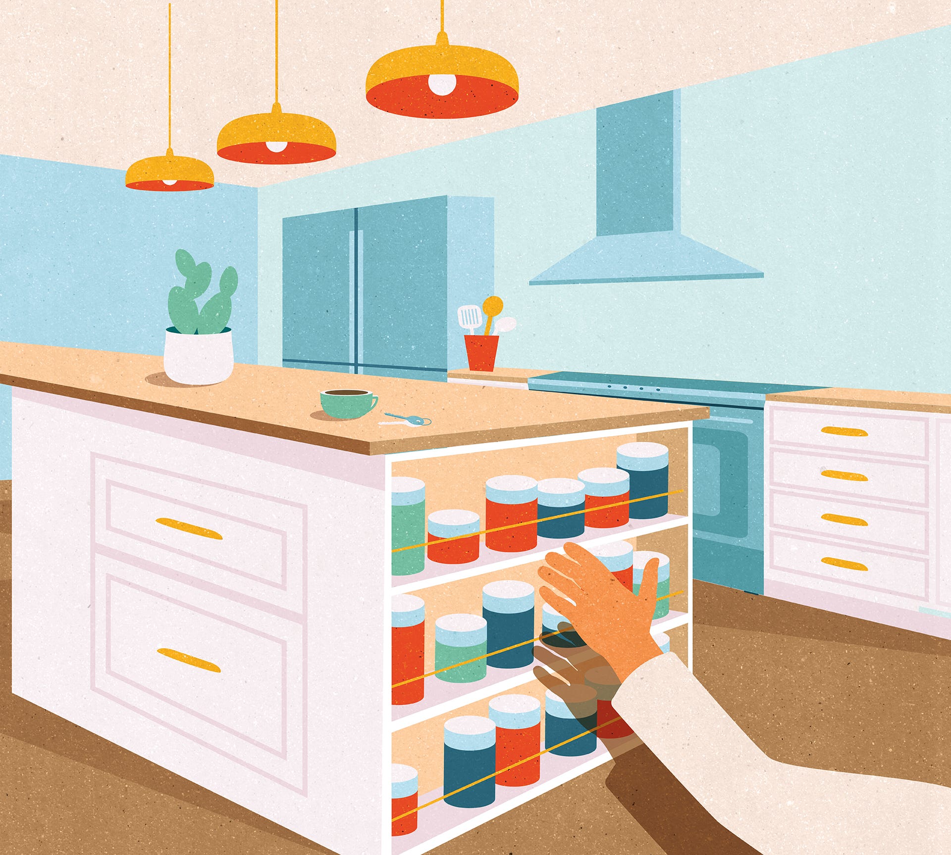 illustrated kitchen with hand grabbing a can off of a shelf